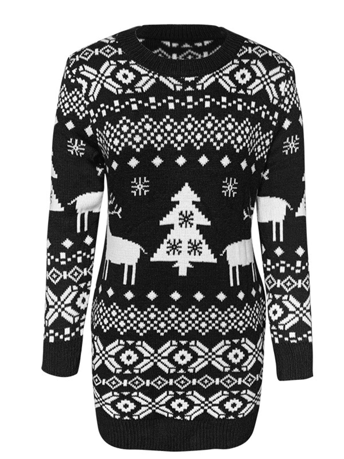 Black knit mini dress with Fair Isle pattern, reindeer and Christmas trees.