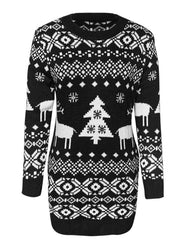 Black knit mini dress with Fair Isle pattern, reindeer and Christmas trees.