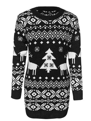 Black knit mini dress with Fair Isle pattern, reindeer and Christmas trees.