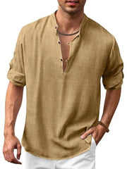 Camel linen henley shirt with mandarin collar and roll-up sleeves.