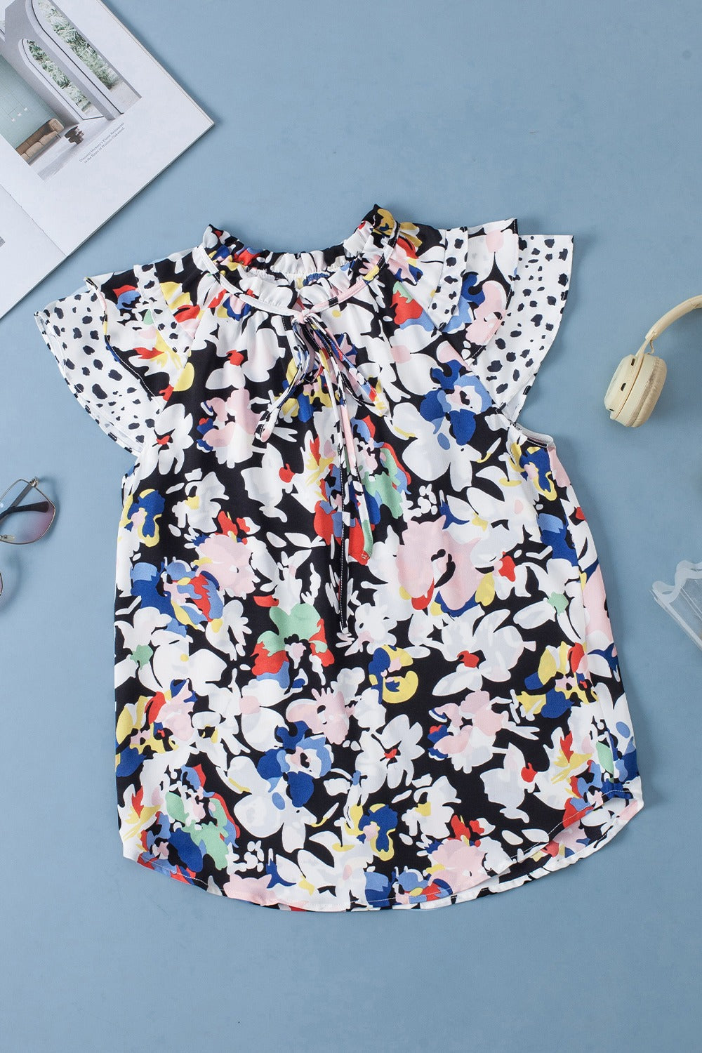 Dalmatian Trim Floral Print Blouse with tie neck and ruffled collar