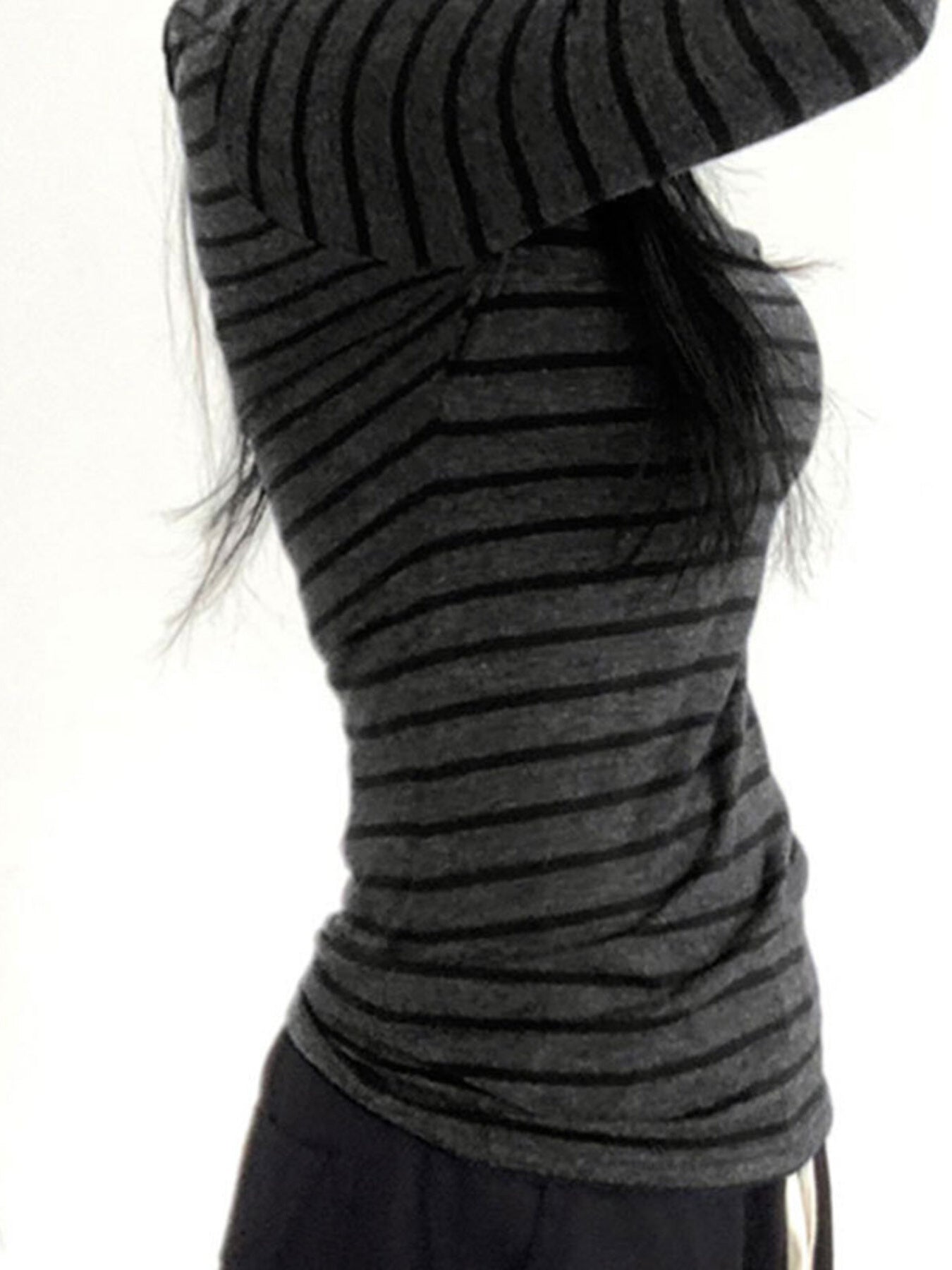 Striped boat neck t-shirt with long sleeves in charcoal grey and black.