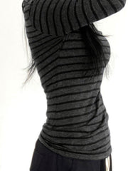Striped boat neck t-shirt with long sleeves in charcoal grey and black.