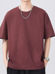 Men's dark red relaxed fit cotton t-shirt with crew neck and short sleeves.
