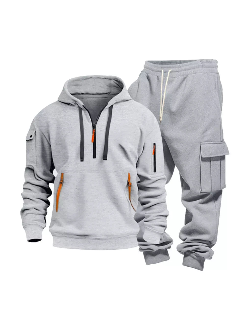 Light gray men's half-zip hoodie and cargo sweatpants set with orange zipper accents.