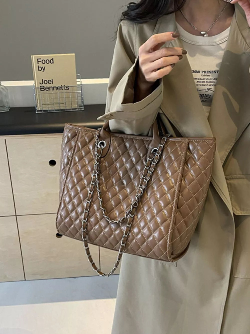 Quilted Chain Shoulder Bag in Brown, front view