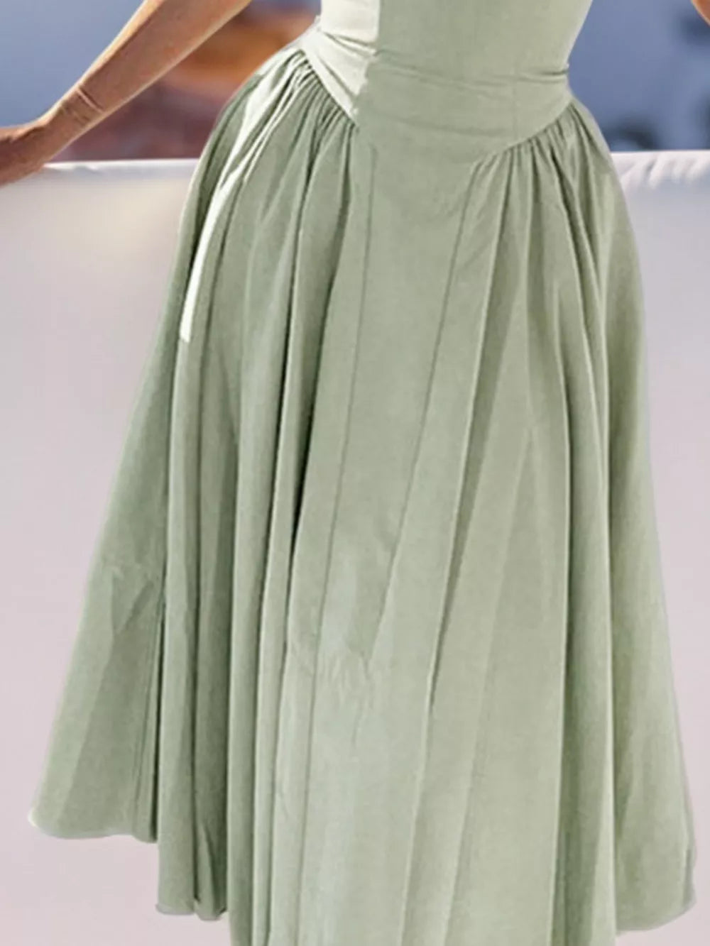 Sage sweetheart midi dress with spaghetti straps and gathered waist detail