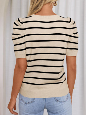 Striped knit tee in tan with black stripes, puff sleeves, and crew neck.