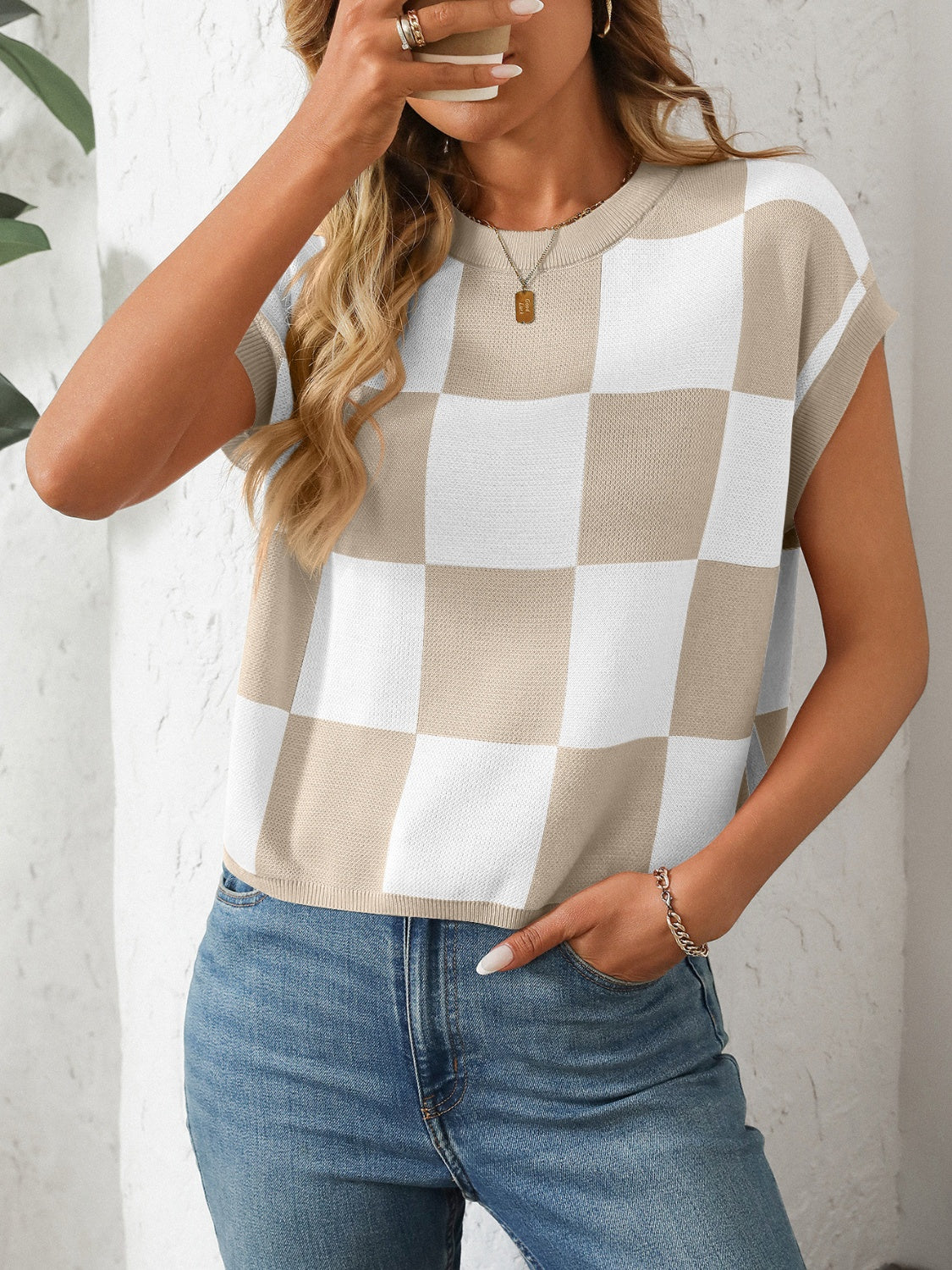 Checkerboard knit cap sleeve top in beige and white, crewneck, casual style