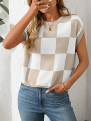 Checkerboard knit cap sleeve top in beige and white, crewneck, casual style