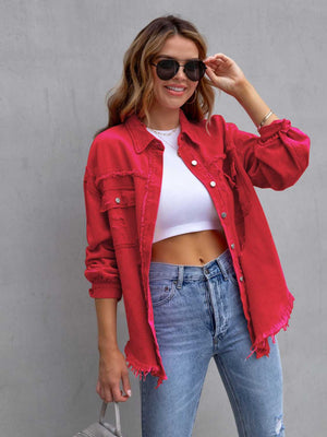 Deep Red distressed denim shacket with frayed hem and cuffs, styled with a white crop top and jeans.