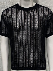 Black open-knit boxy crew neck sweater with short sleeves and vertical stripe pattern.