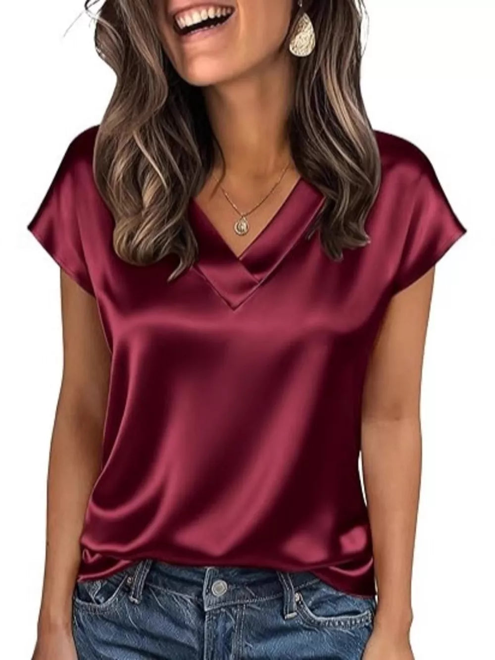 Wine Red Luxe Satin V-neck Short Sleeve Maternity Shirt