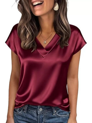 Wine Red Luxe Satin V-neck Short Sleeve Maternity Shirt