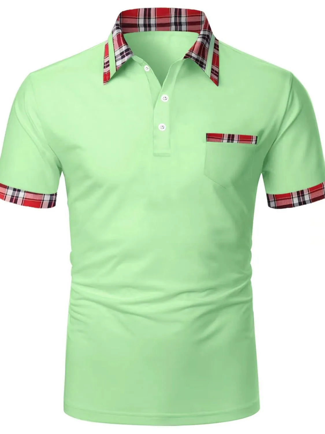 Light blue polo shirt with plaid trim on collar, pocket and sleeves.