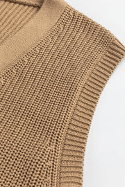 Camel ribbed knit button-down cardigan vest with a V-neckline.
