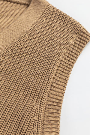 Camel ribbed knit button-down cardigan vest with a V-neckline.