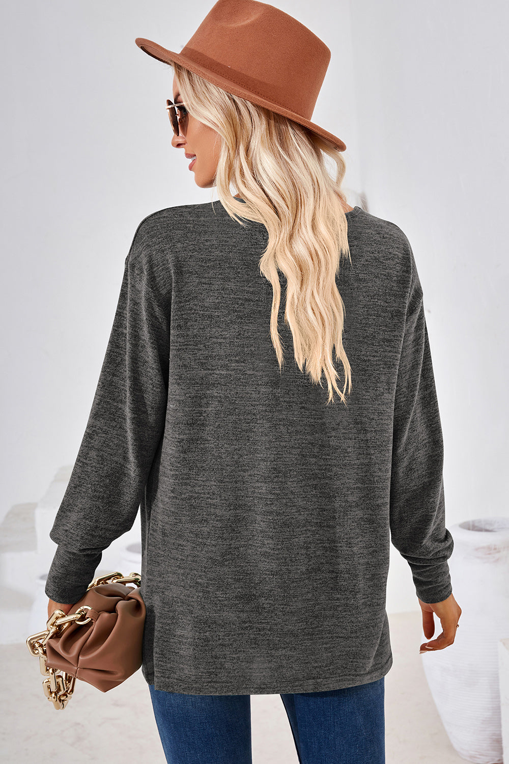 Relaxed V-neck tunic top in dark gray heather, long sleeves, casual fit