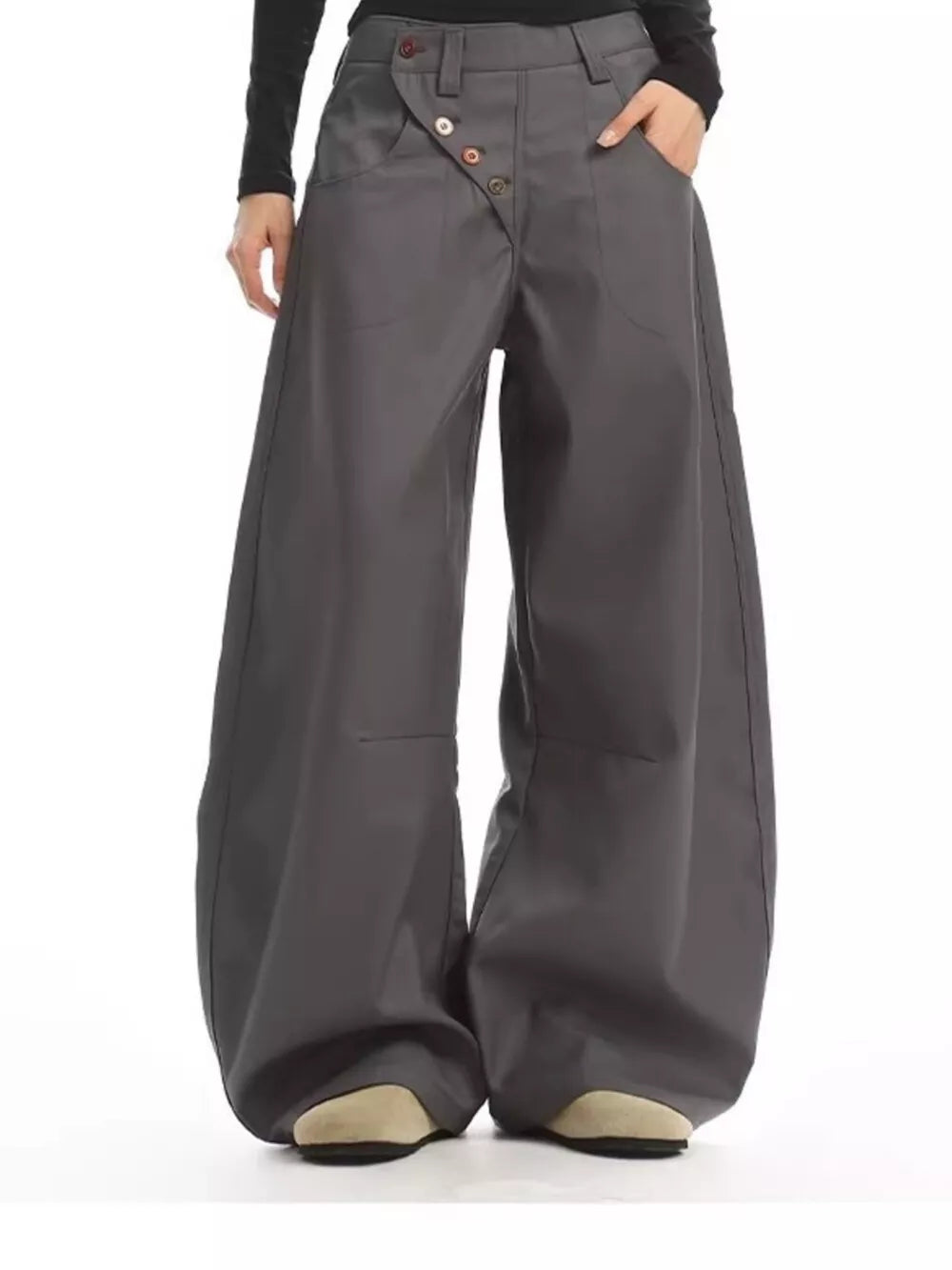 Gray relaxed fit button-fly wide-leg chinos with decorative buttons and pockets.