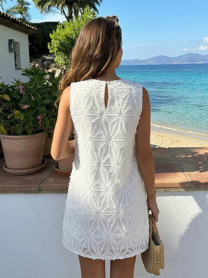 Textured Sleeveless Mini Dress in White, model styling view