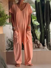 Loose Fit V-neck Short Sleeve Wide Leg Jumpsuit in Floral Gray, editorial view
