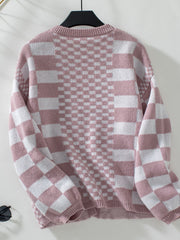 Dusty Pink checkerboard knit open-front cardigan with crew neck and long sleeves.