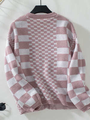 Dusty Pink checkerboard knit open-front cardigan with crew neck and long sleeves.