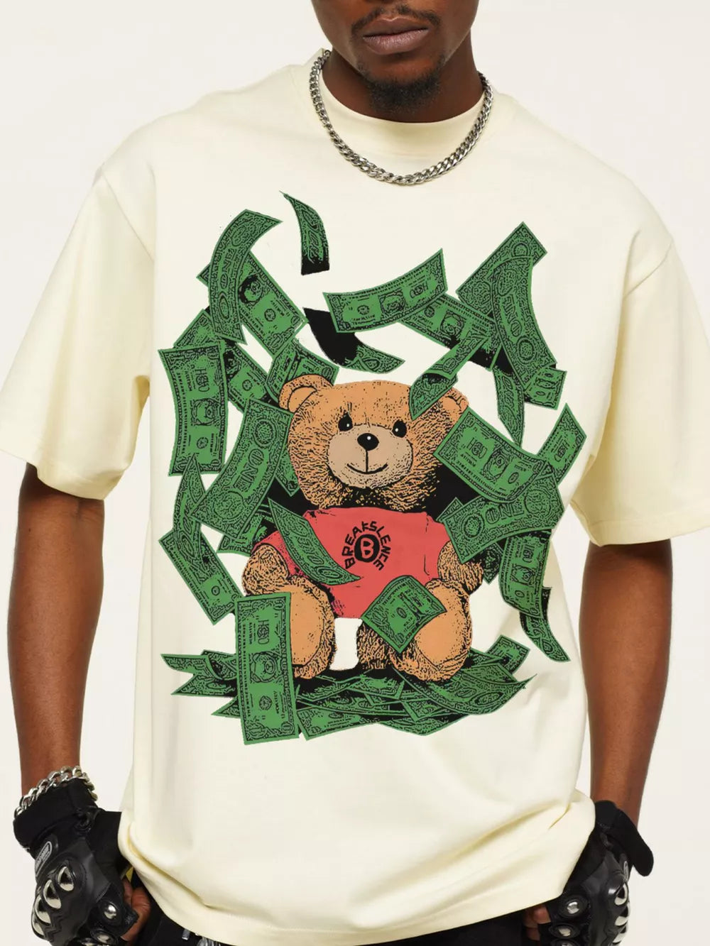 Cream cotton blend t-shirt with teddy bear and money graphic print