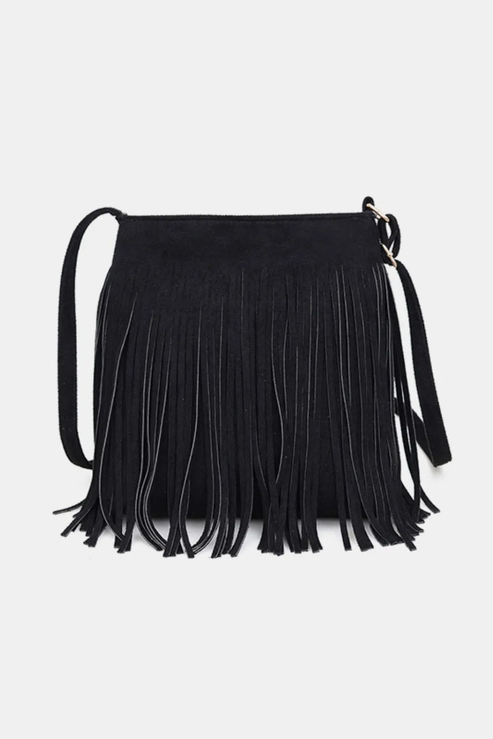 Black suede crossbody bag with long fringe detail and adjustable strap.