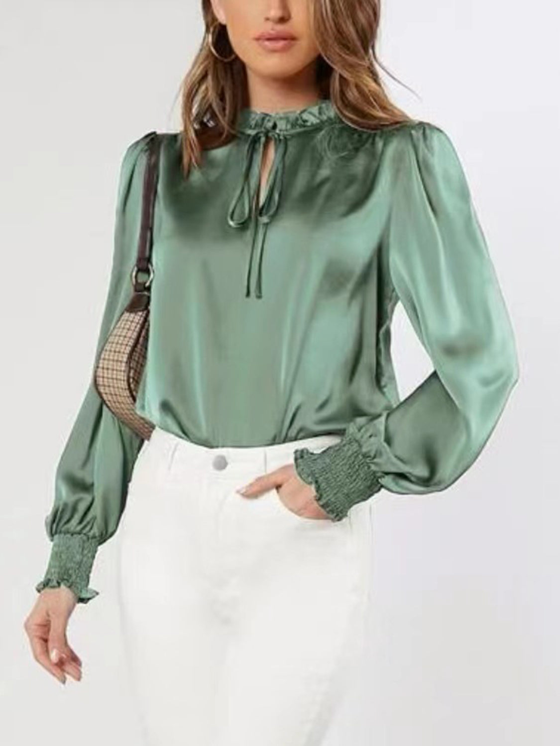 Gum Leaf satin blouse with tie-neck and shirred cuffs