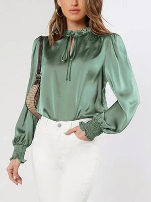Gum Leaf satin blouse with tie-neck and shirred cuffs