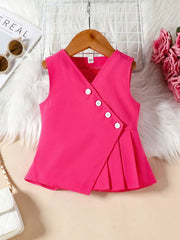 Pink baby girls two-piece set with V-neck, button detail, and pleated skirt.