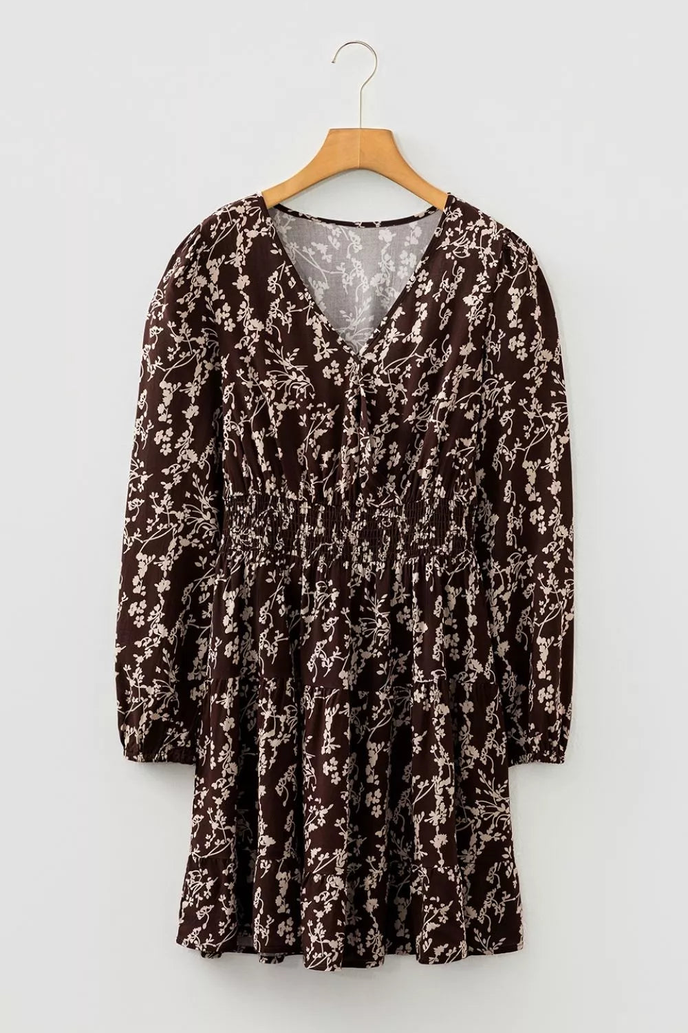Ditsy Floral Print Split Neck Mini Dress in Coffee Brown, alternate angle
