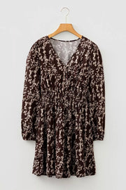 Ditsy Floral Print Split Neck Mini Dress in Coffee Brown, alternate angle