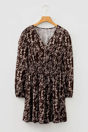 Ditsy Floral Print Split Neck Mini Dress in Coffee Brown, alternate angle
