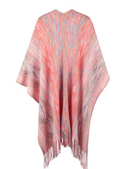 Knit wrap coat in multi-color stripe pattern with fringe detail