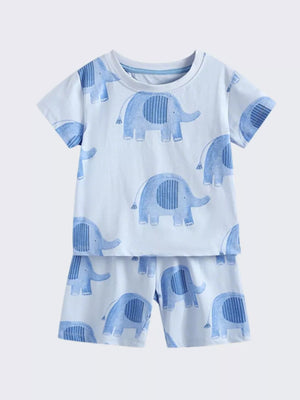 Boys' cotton t-shirt and shorts set with blue elephant print