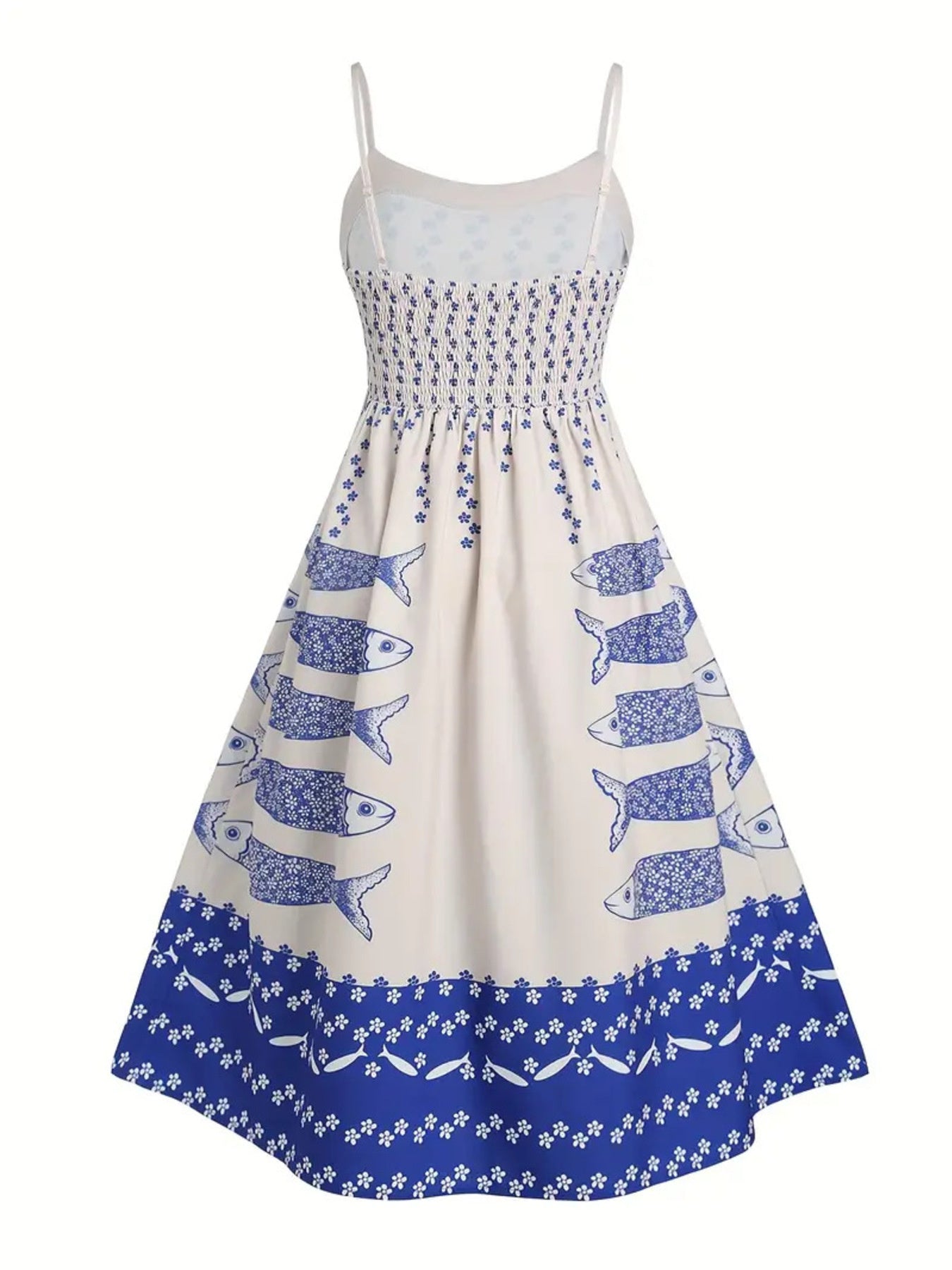 Spaghetti strap midi dress in cream with blue sardine print and floral border.