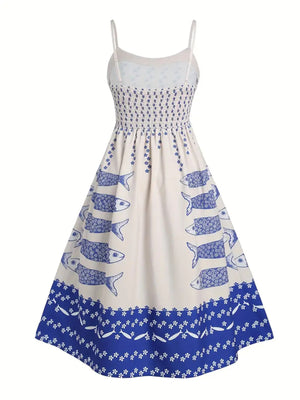 Spaghetti strap midi dress in cream with blue sardine print and floral border.