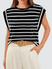 Black and white striped sleeveless tank top with a crew neck.