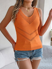 Orange open-knit chevron tank top with V-neck and ribbed trim.