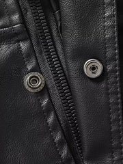 Black faux leather jacket detail with zip and snap buttons