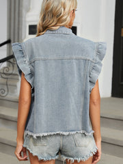 Light denim vest with ruffled cap sleeves and frayed hem.