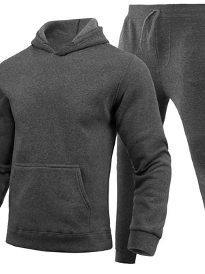 Dark gray fleece hoodie with front pocket and matching joggers with drawstring waist.