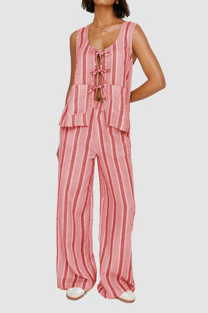 Pink striped linen co-ord set with tie-front sleeveless top and wide-leg pants