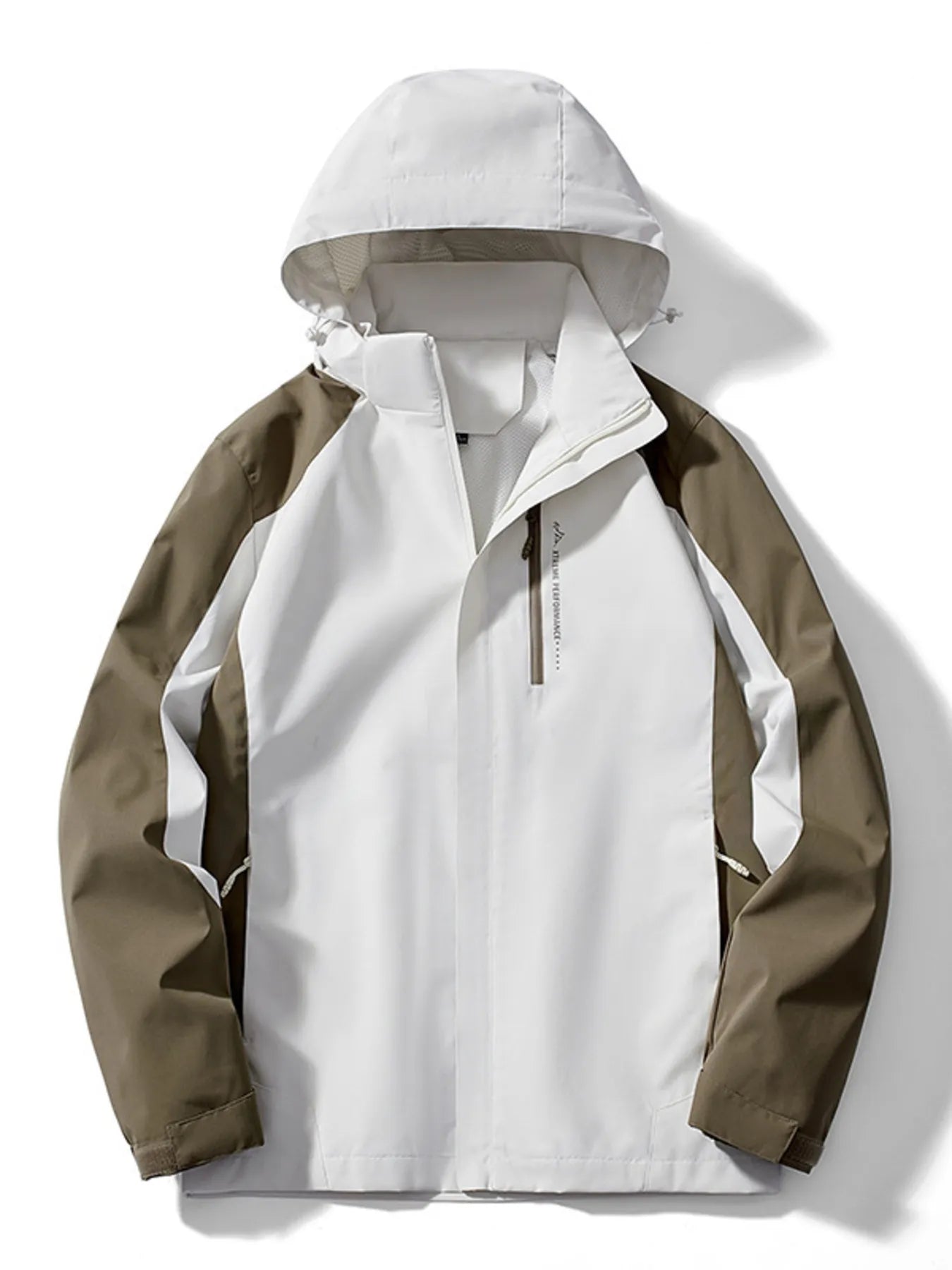 Men's white and brown waterproof jacket with hood and zip pocket.