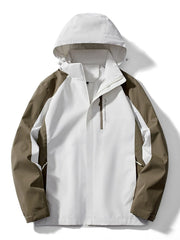 Men's white and brown waterproof jacket with hood and zip pocket.