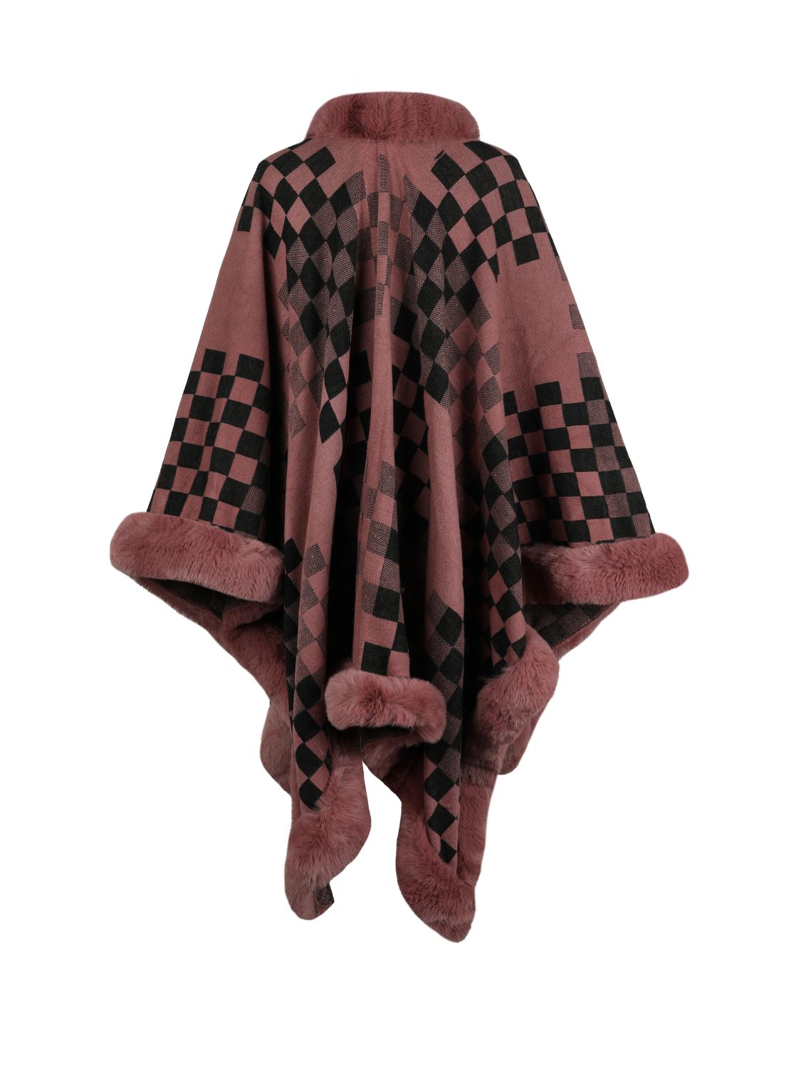 Burnt coral diamond checkered poncho with faux fur trim and collar