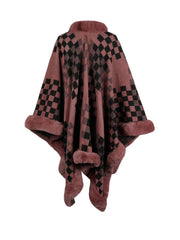 Burnt coral diamond checkered poncho with faux fur trim and collar