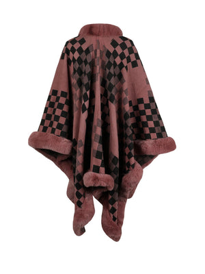 Burnt coral diamond checkered poncho with faux fur trim and collar